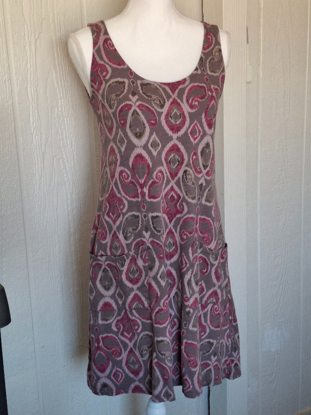 Fresh Produce Dress Cotton Gray Pink Ikat Print Sleeveless Size XS with Pockets